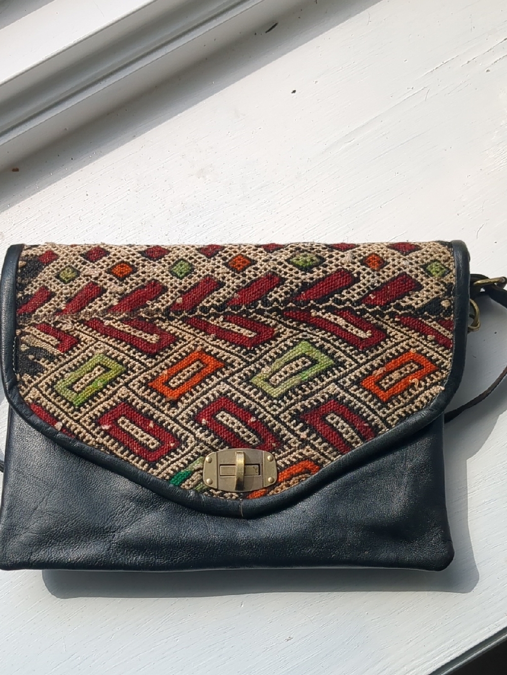Vintage Moroccan Woven Clutch With Black Leather Trim